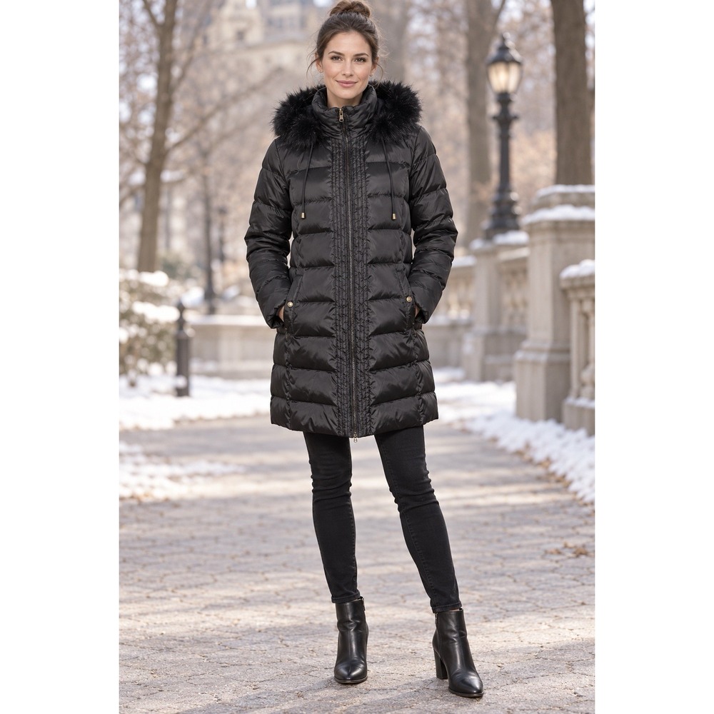 Lauren Ralph Lauren Black Down Long Puffer Coat Hood Fur Trim Zip Pockets L